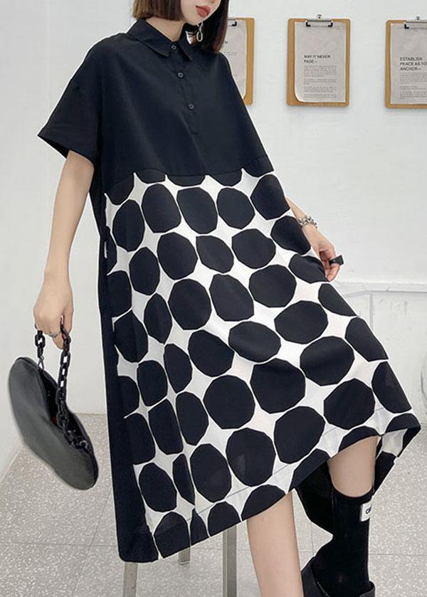 Women Black Dot Summer Short Sleeve Dress - SooLinen