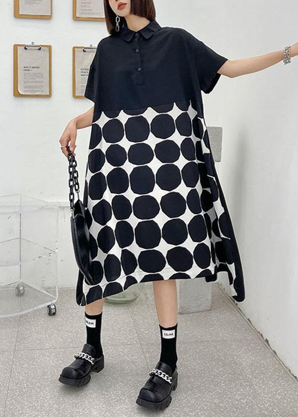 Women Black Dot Summer Short Sleeve Dress - SooLinen