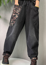 Women Black Embroideried Pockets denim Pants Spring