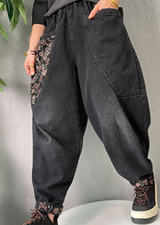 Women Black Embroideried Pockets denim Pants Spring