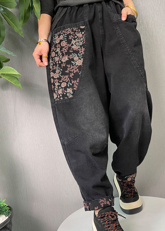 Women Black Embroideried Pockets denim Pants Spring