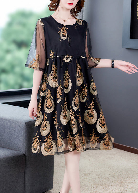 Women Black Embroideried Tulle Patchwork Wrinkled Chiffon Dress Half Sleeve