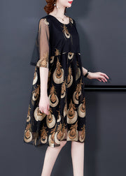 Women Black Embroideried Tulle Patchwork Wrinkled Chiffon Dress Half Sleeve