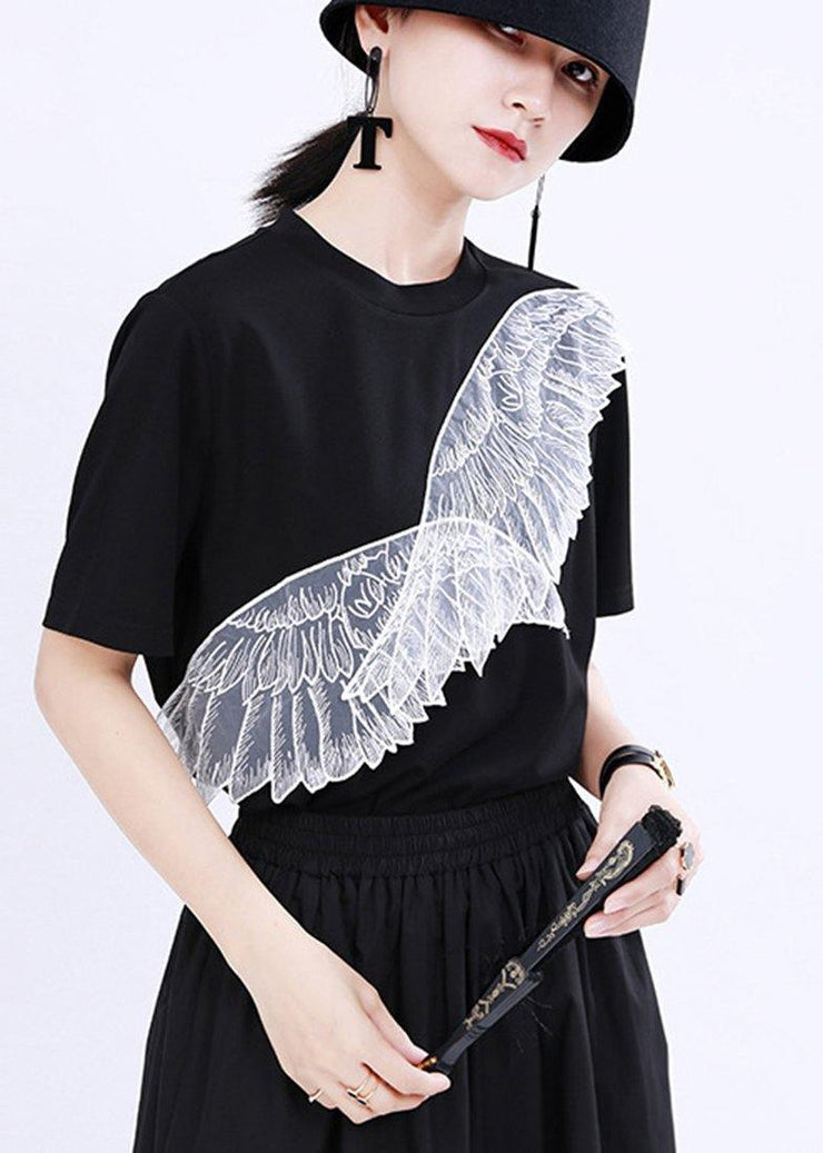 Women Black Embroidery Appliques Cotton Tee Summer - SooLinen