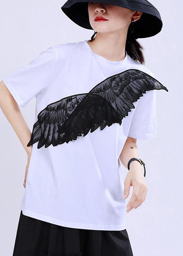 Women Black Embroidery Appliques Cotton Tee Summer - SooLinen