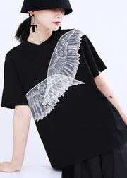 Women Black Embroidery Appliques Cotton Tee Summer - SooLinen