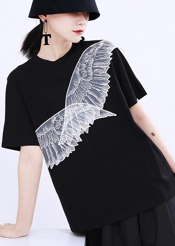 Women Black Embroidery Appliques Cotton Tee Summer - SooLinen