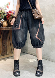 Women Black Grey Elastic Waist Asymmetrical Applique Cotton Denim Crop Pants Summer