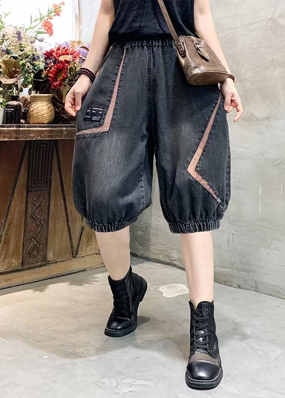 Women Black Grey Elastic Waist Asymmetrical Applique Cotton Denim Crop Pants Summer