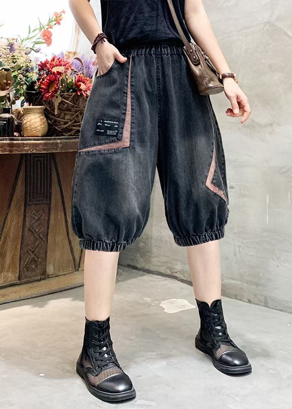 Women Black Grey Elastic Waist Asymmetrical Applique Cotton Denim Crop Pants Summer