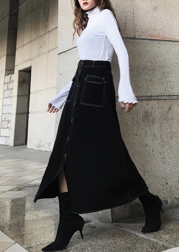 Women Black High Waist Pockets Skirts Summer - SooLinen