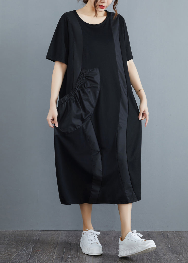 Women Black O-Neck Big Pocket Patchwork Long Dress Short Sleeve