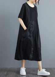 Women Black O-Neck Big Pocket Patchwork Long Dress Short Sleeve