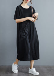 Women Black O-Neck Big Pocket Patchwork Long Dress Short Sleeve