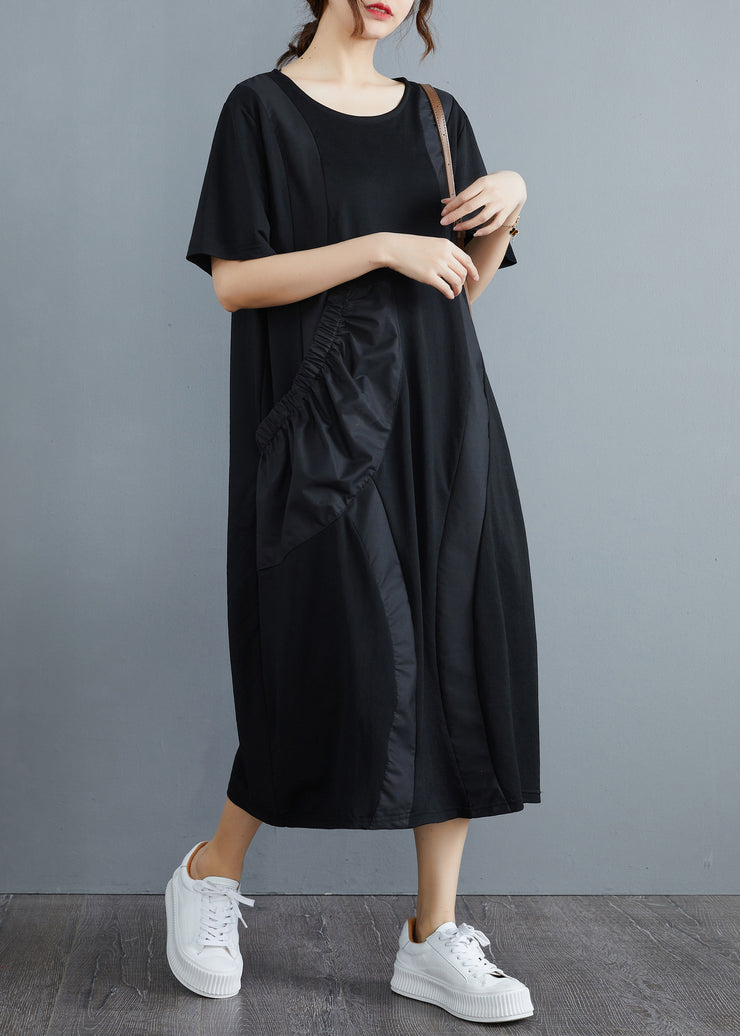 Women Black O-Neck Big Pocket Patchwork Long Dress Short Sleeve