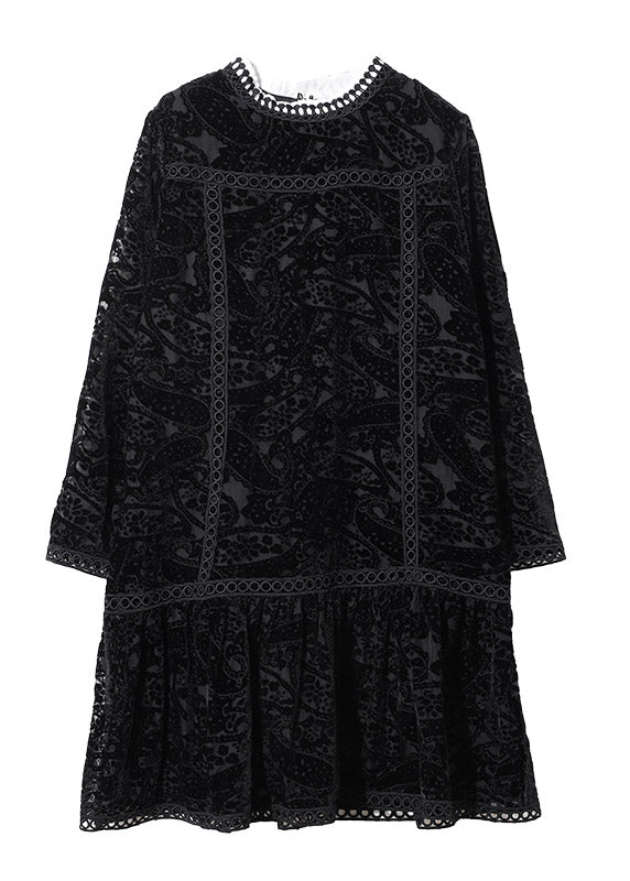 Women Black O-Neck Crochet Velour Pleated Dresses Long Sleeve