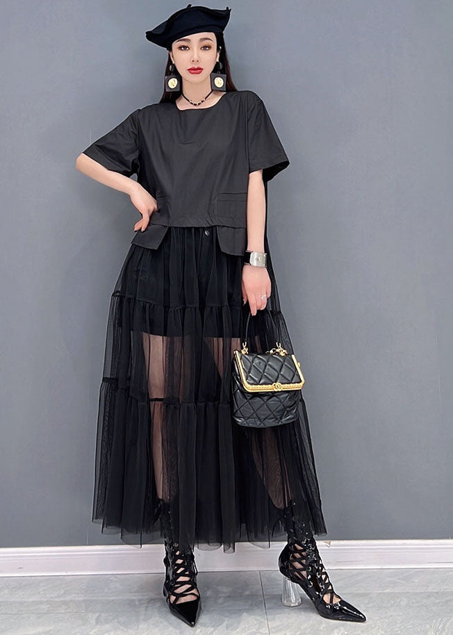 Women Black O-Neck Patchwork Tulle Long Dress Short Sleeve