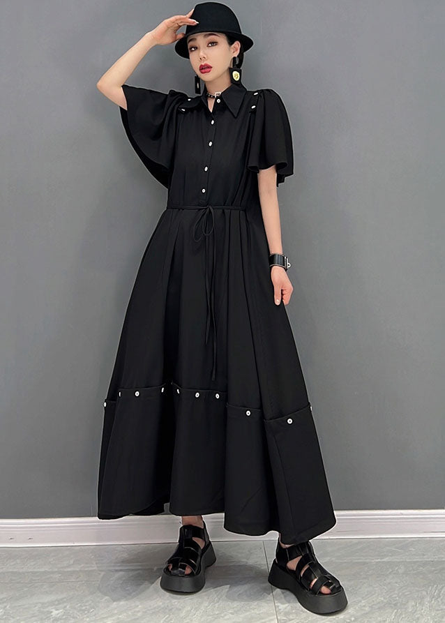 Women Black Original Peter Pan Collar Patchwork Removable Cotton Holiday Long Dress Cloak Sleeves