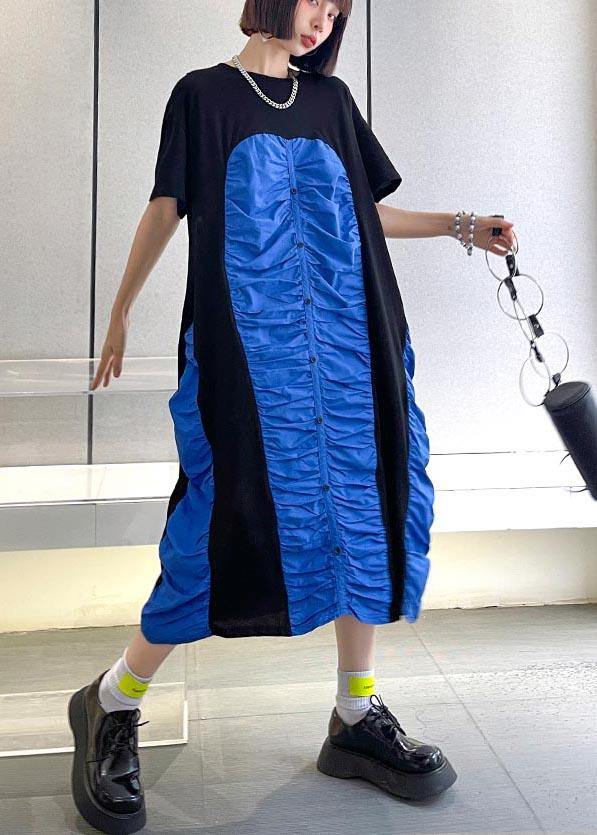 Women Black Patchwork Blue O-Neck Long Summer Cotton Dress - SooLinen