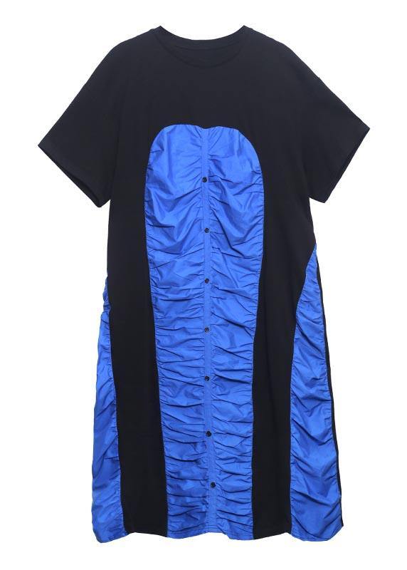 Women Black Patchwork Blue O-Neck Long Summer Cotton Dress - SooLinen