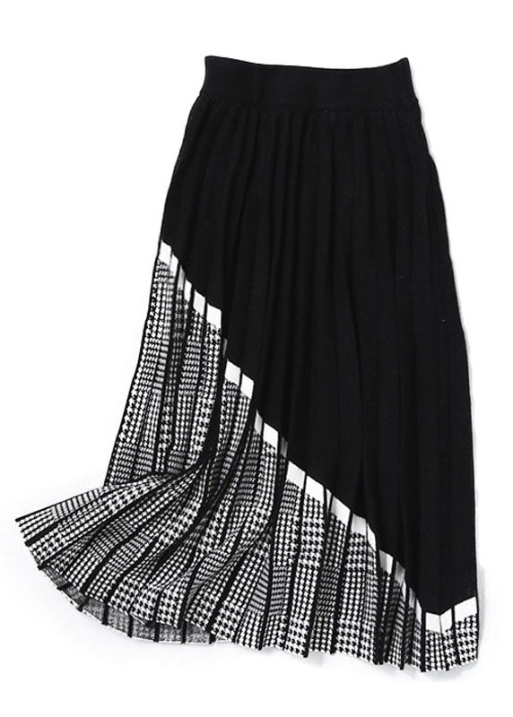 Women Black Patchwork Plaid Knit Skirts Winter