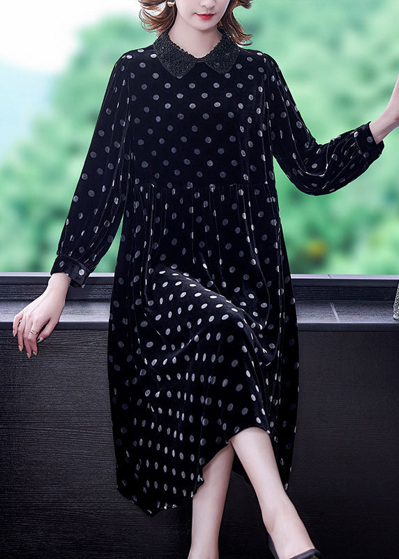 Women Black Peter Pan Collar Dot Velour Dresses Spring