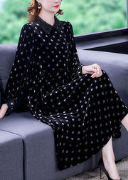 Women Black Peter Pan Collar Dot Velour Dresses Spring