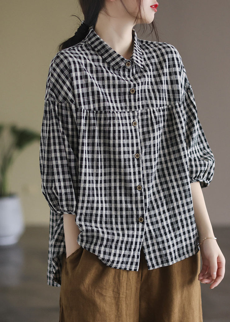 Women Black Peter Pan Collar Plaid Linen Shirt Half Sleeve