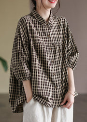 Women Black Peter Pan Collar Plaid Linen Shirt Half Sleeve