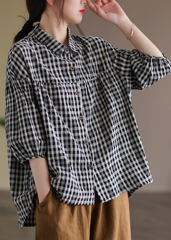 Women Black Peter Pan Collar Plaid Linen Shirt Half Sleeve