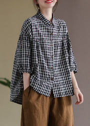 Women Black Peter Pan Collar Plaid Linen Shirt Half Sleeve