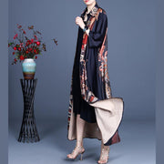 Women Black Print Button Silk Cardigan Long - SooLinen