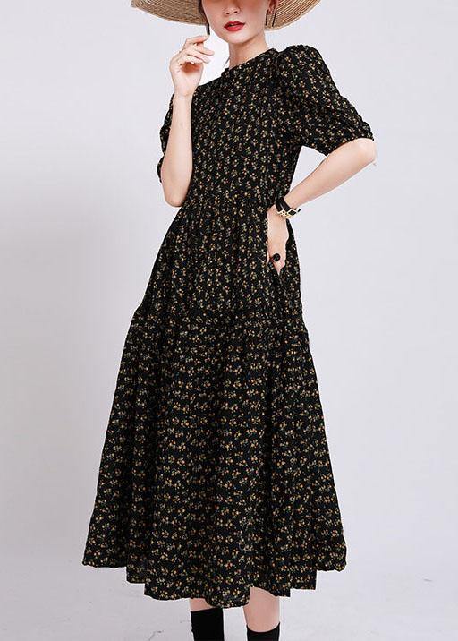 Women Black Print O-Neck Circle Summer Party Dresses Half Sleeve - SooLinen