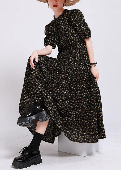 Women Black Print O-Neck Circle Summer Party Dresses Half Sleeve - SooLinen