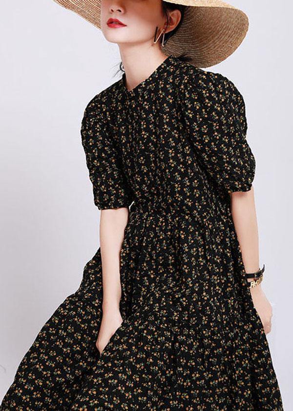 Women Black Print O-Neck Circle Summer Party Dresses Half Sleeve - SooLinen