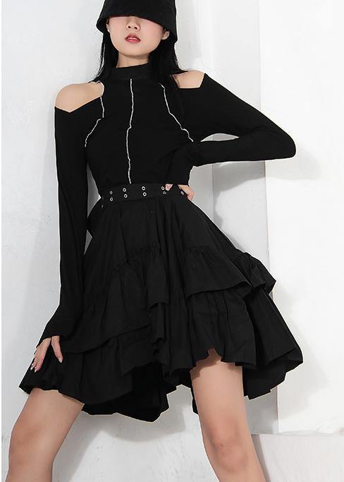 Women Black Ruffles Button Summer Skirts - SooLinen