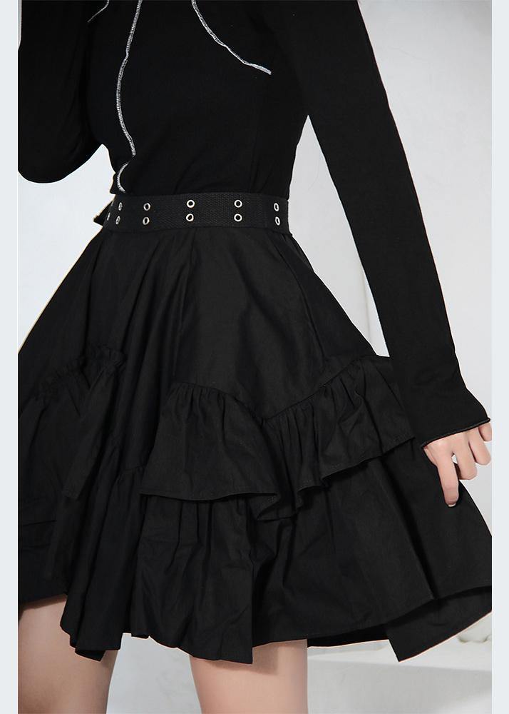 Women Black Ruffles Button Summer Skirts - SooLinen