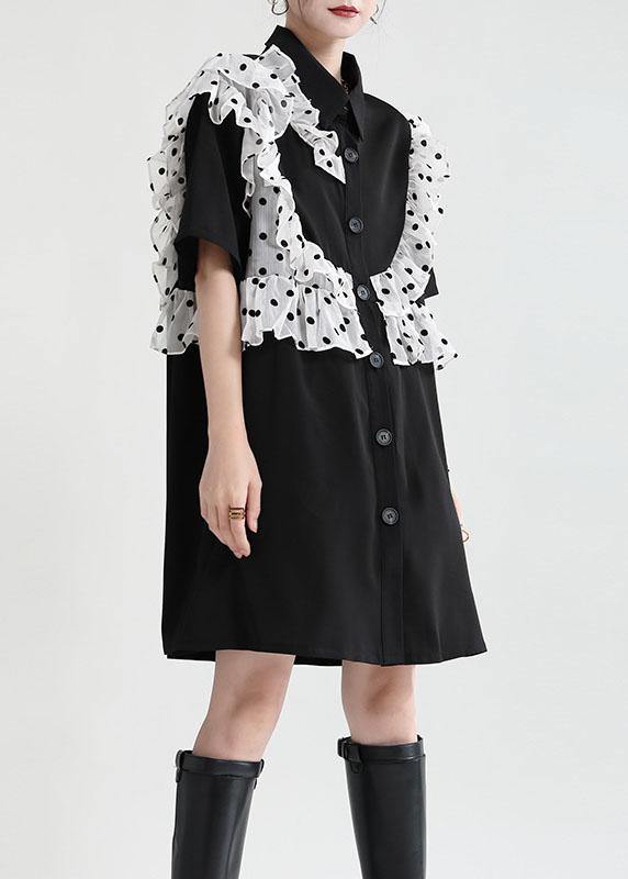 Women Black Ruffles Patchwork Summer Button Party Dress Short Sleeve - SooLinen