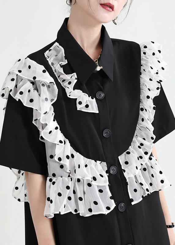 Women Black Ruffles Patchwork Summer Button Party Dress Short Sleeve - SooLinen