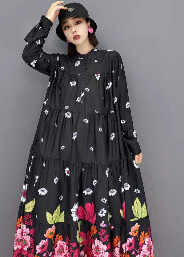 Women Black Stand Collar Floral Print Cotton Long Dress Long Sleeve