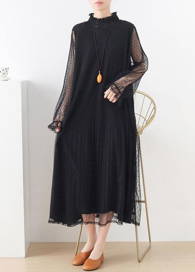 Women Black Stand Long sleeve Ankle Summer Chiffon Dress - SooLinen