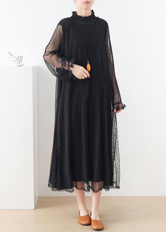 Women Black Stand Long sleeve Ankle Summer Chiffon Dress - SooLinen