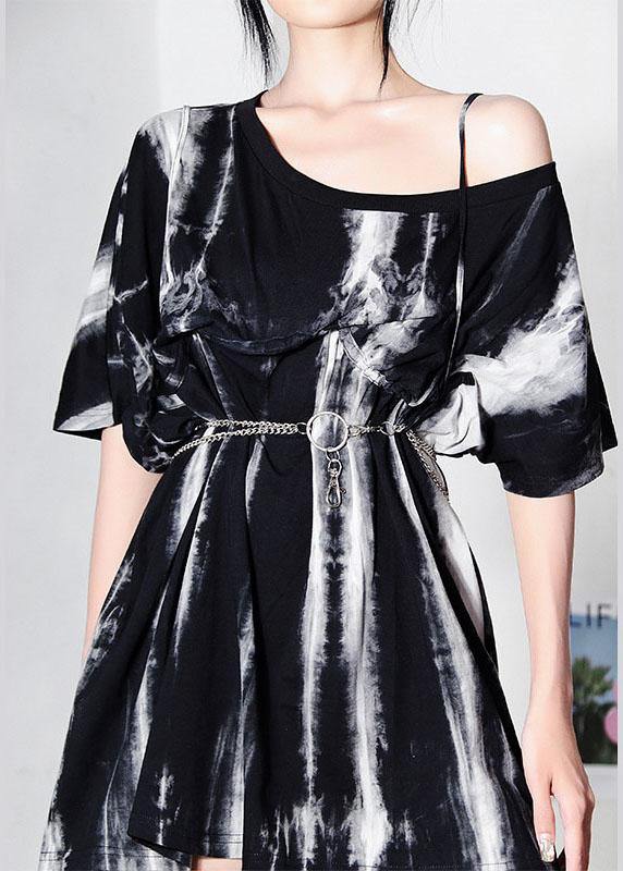 Women Black Tie Dye One Shoulder tie waist Shirt Tops Summer - SooLinen