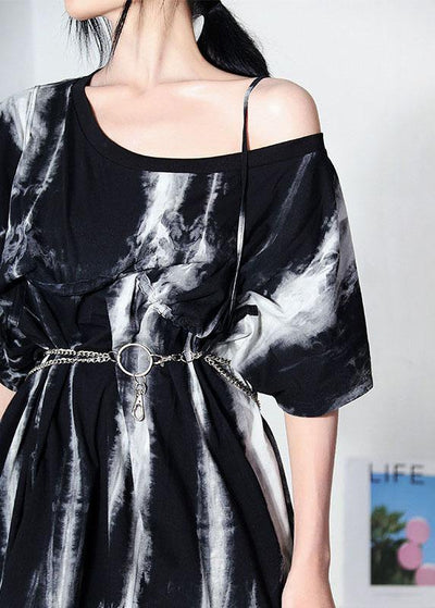 Women Black Tie Dye One Shoulder tie waist Shirt Tops Summer - SooLinen