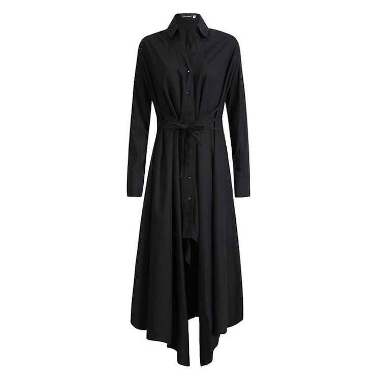 Women Black Tunic Pattern V Neck Asymmetric Robe Spring Dress - SooLinen