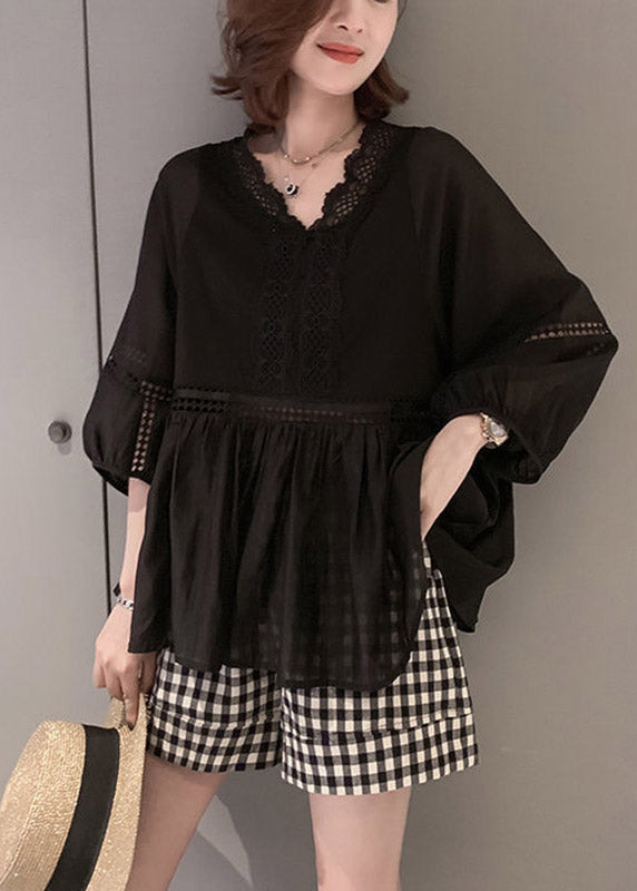 Women Black V Neck Hollow Out Patchwork Lace Shirt Three Quarter Sleeve