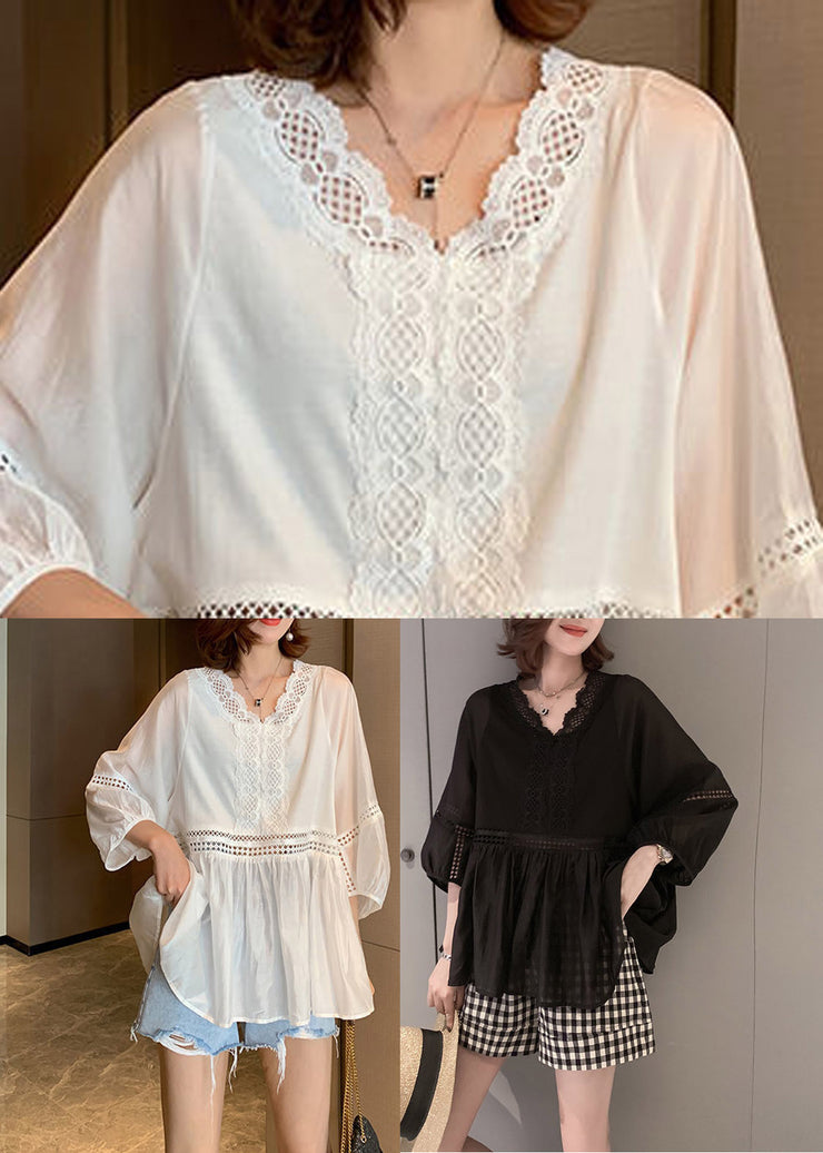 Women Black V Neck Hollow Out Patchwork Lace Shirt Three Quarter Sleeve