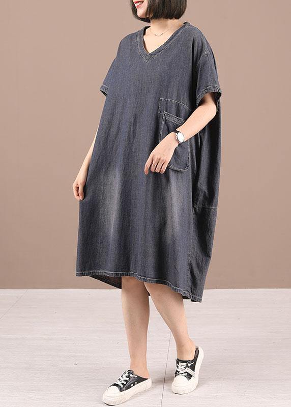 Women Black V Neck Pockets Denim Summer Maxi Dresses - SooLinen