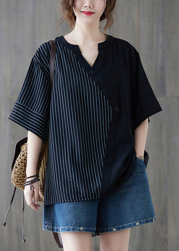 Women Black V Neck Striped Cotton Blouse Tops Half Sleeve