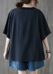 Women Black V Neck Striped Cotton Blouse Tops Half Sleeve